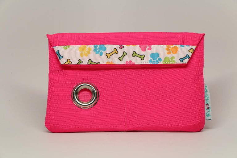 Pink GoPak – White Ribbon w/Multicolor Paws & Bones – Dawgs On The Go